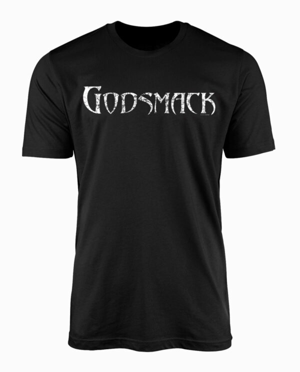100% cotton black t-shirt with a distressed Godsmack logo on the front.