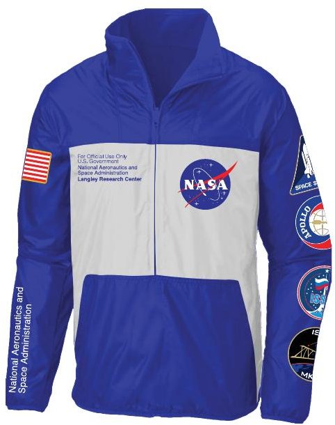 BLUE AND WHITE FULL ZIP NO HOOD WIND BREAKER WITH NASA SLEEVE AND CHEST PRINT