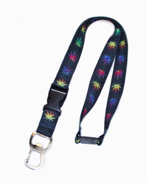 Multi-Color Marijuana Leaf Black Bottle Opener Lanyard